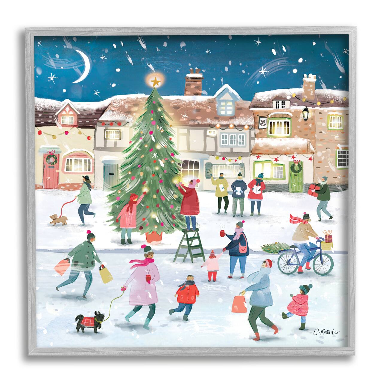 Stupell Industries Christmas Tree Town Scene Framed Giclee Art